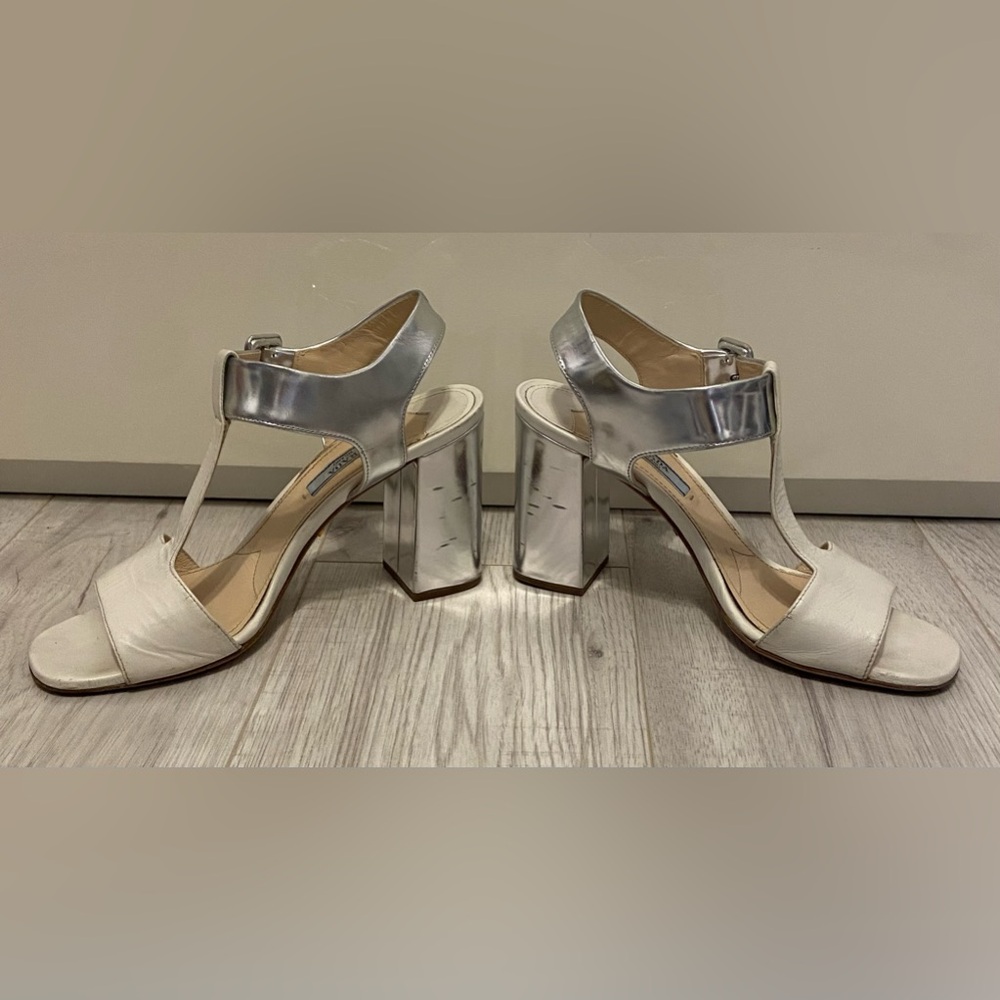 Prada T Strap Block 3.5” Heel White & Silver Leather Sandals US Size 7 EU 37